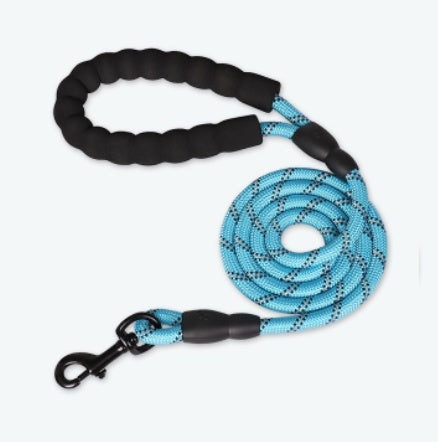 Blue dog leash with black handles on a white background