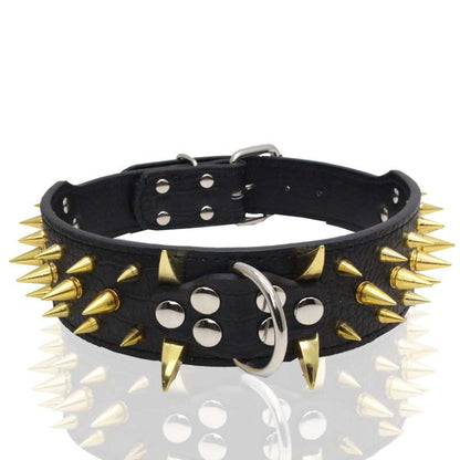 Black leather dog collar with gold spikes
