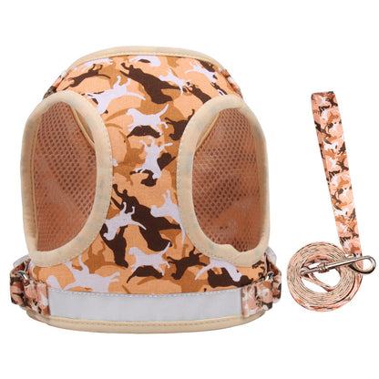 Camouflage-patterned reflective harness with leash